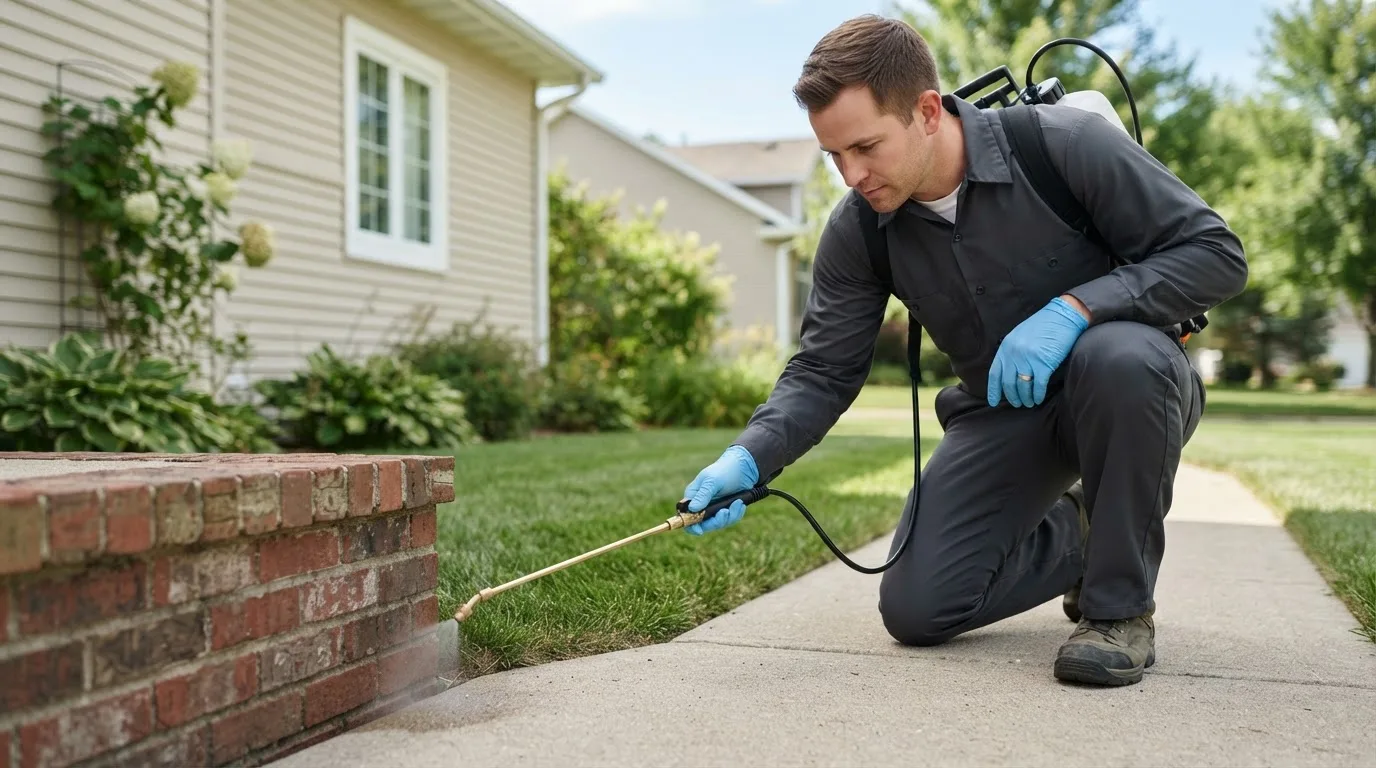 Pest control technician treating a home near Gilbertville, MA