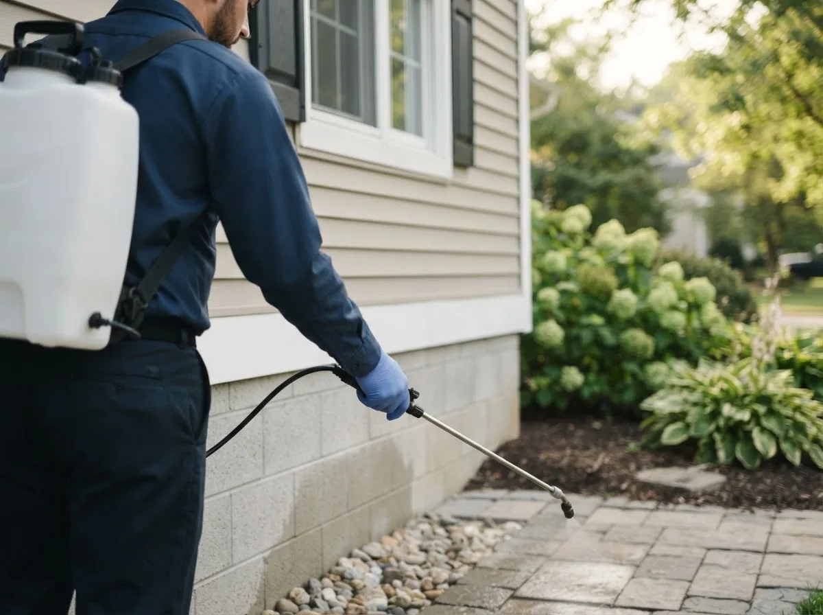 Pest control technician inspecting a home in Gilbertville, MA